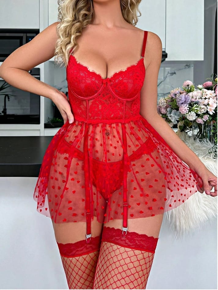 Red mesh nightgown baby doll set