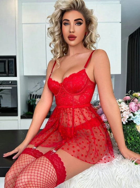 Red mesh nightgown baby doll set
