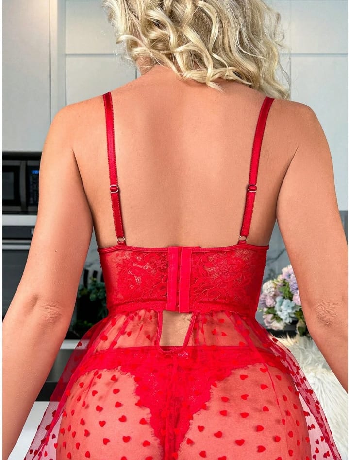 Red mesh nightgown baby doll set
