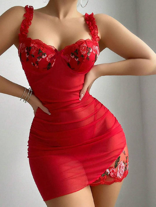 Midnight Flora Ruched Mesh Mini Dress